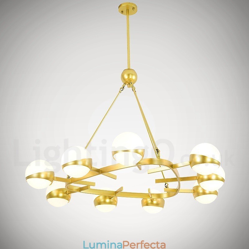 Plafoniere cu 9 lumini, moderne, contemporane, în stil nordic, candelabru placat cu cupru cu abajur din sticlă auriu și alb.