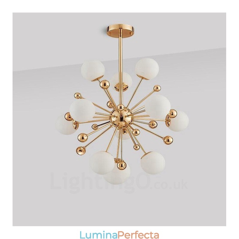 Plafoniere moderne și contemporane cu 11 lumini Candelabru placat cu cupru cu abajur din sticlă bilă albă
