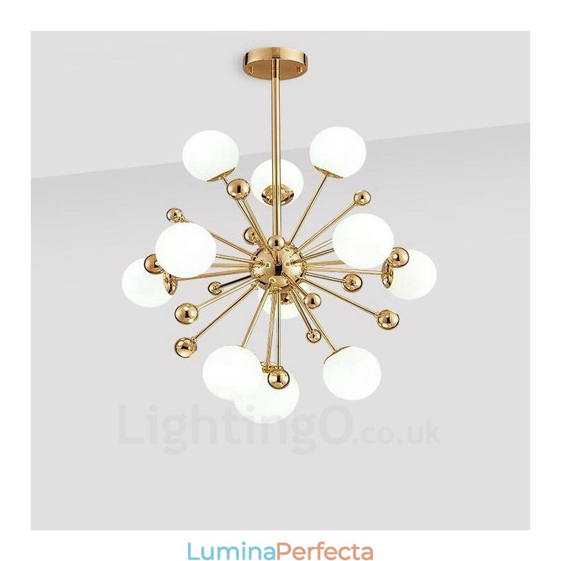 Plafoniere moderne și contemporane cu 11 lumini Candelabru placat cu cupru cu abajur din sticlă bilă albă