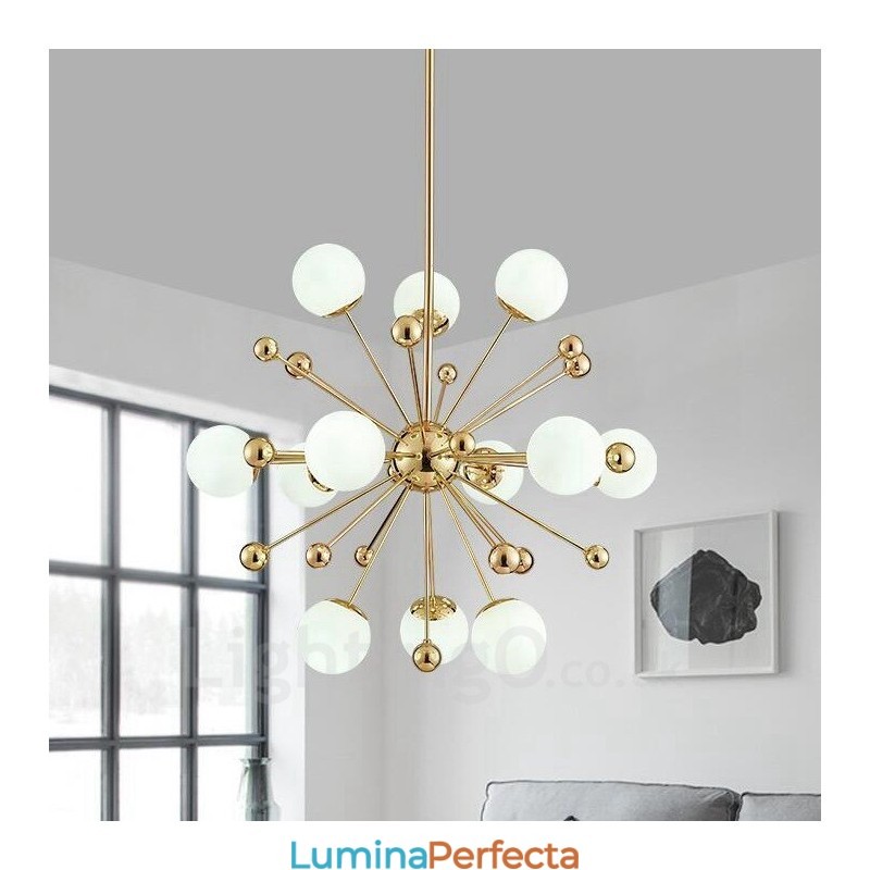 Plafoniere contemporane moderne cu 12 lumini Candelabru placat cu cupru cu abajur din sticlă albă
