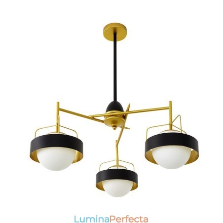 Plafoniere moderne și contemporane cu 3 lumini Candelabru placat cu cupru cu abajur din sticlă albă și neagră