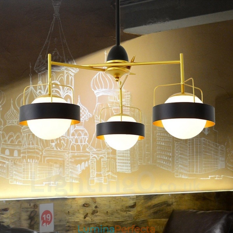 Plafoniere moderne și contemporane cu 3 lumini Candelabru placat cu cupru cu abajur din sticlă albă și neagră