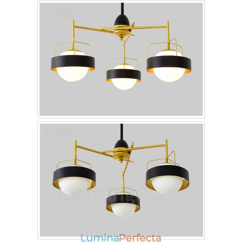 Plafoniere moderne și contemporane cu 3 lumini Candelabru placat cu cupru cu abajur din sticlă albă și neagră