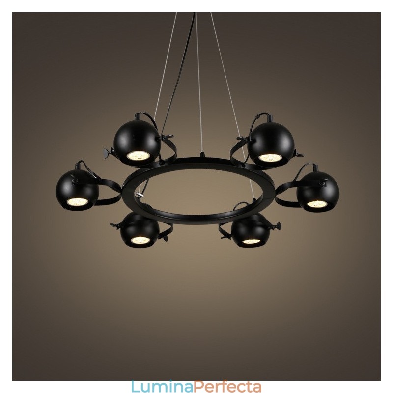 Lampă suspendată cu 6 lumini, retro, negru, de fier, cu abajururi de bile de fier negru