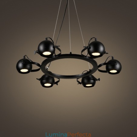 Lampă suspendată cu 6 lumini, retro, negru, de fier, cu abajururi de bile de fier negru Lampă suspendată cu 6 lumini, retro, negru, de fier, cu abajururi de bile de fier negru