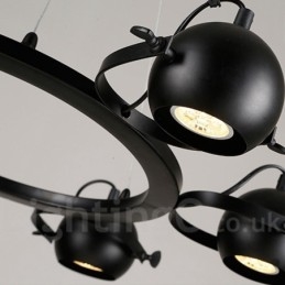 Lampă suspendată cu 6 lumini, retro, negru, de fier, cu abajururi de bile de fier negru