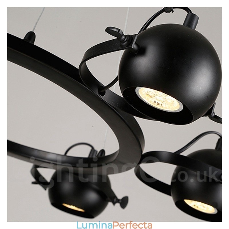 Lampă suspendată cu 6 lumini, retro, negru, de fier, cu abajururi de bile de fier negru