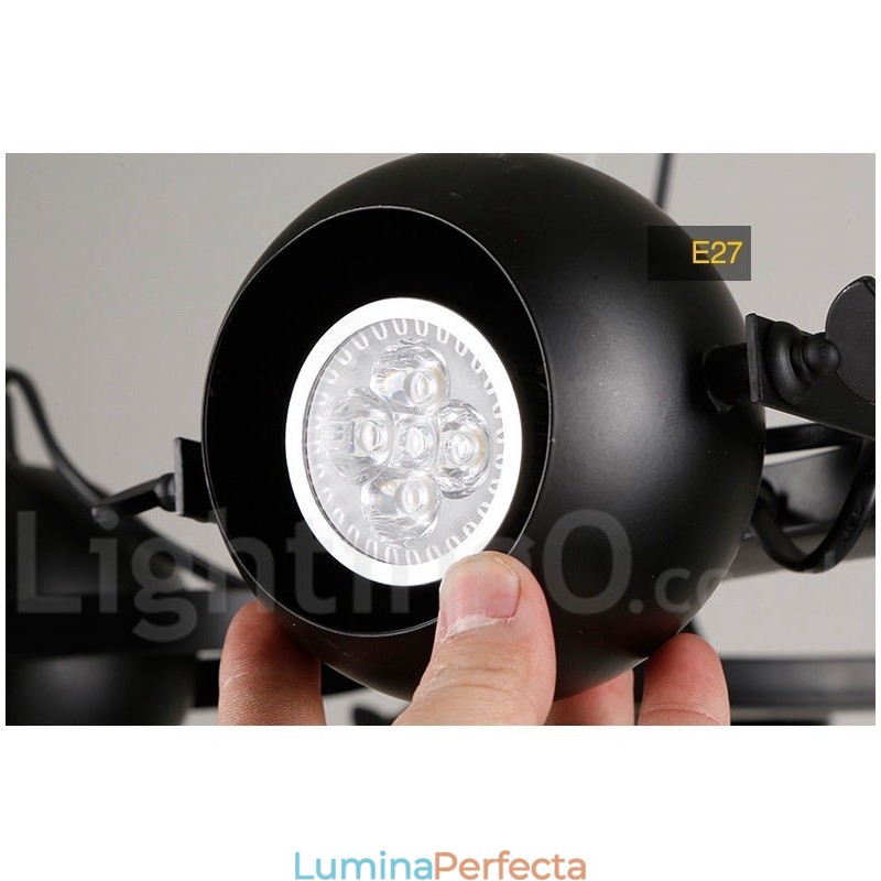 Lampă suspendată cu 6 lumini, retro, negru, de fier, cu abajururi de bile de fier negru