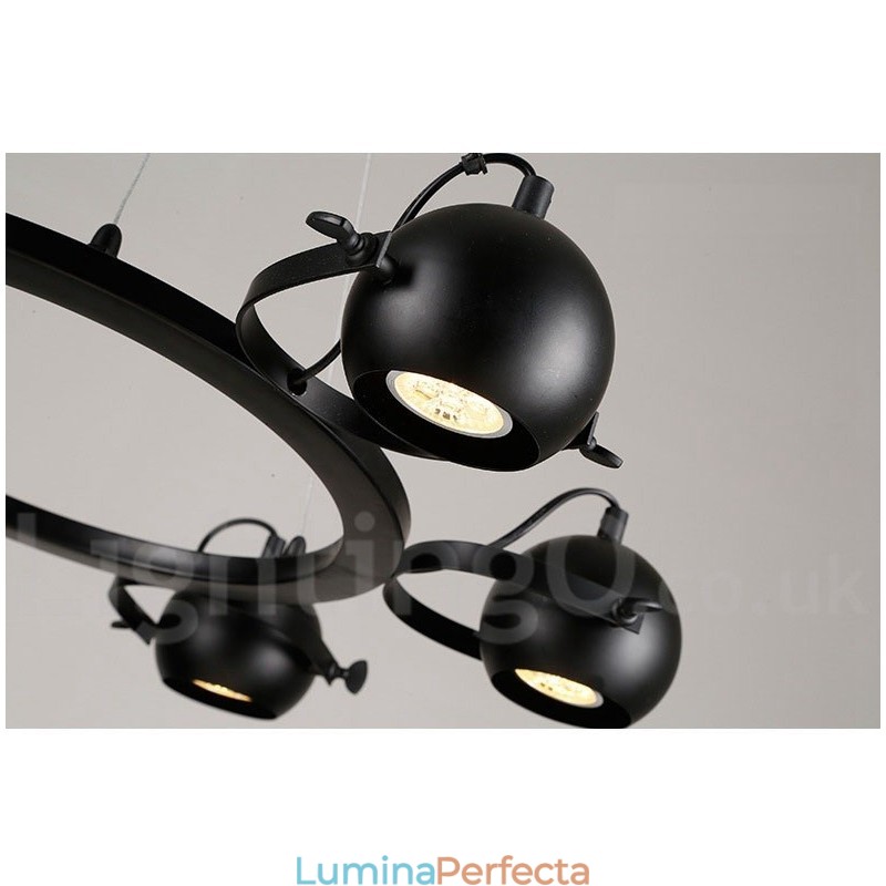 Lampă suspendată cu 6 lumini, retro, negru, de fier, cu abajururi de bile de fier negru
