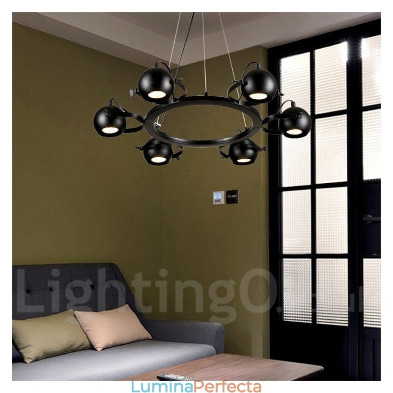 Lampă suspendată cu 6 lumini, retro, negru, de fier, cu abajururi de bile de fier negru
