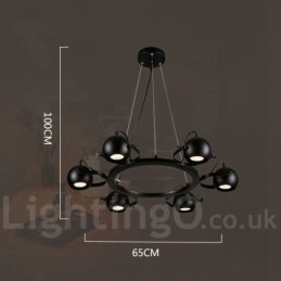 Lampă suspendată cu 6 lumini, retro, negru, de fier, cu abajururi de bile de fier negru
