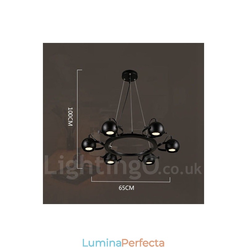 Lampă suspendată cu 6 lumini, retro, negru, de fier, cu abajururi de bile de fier negru