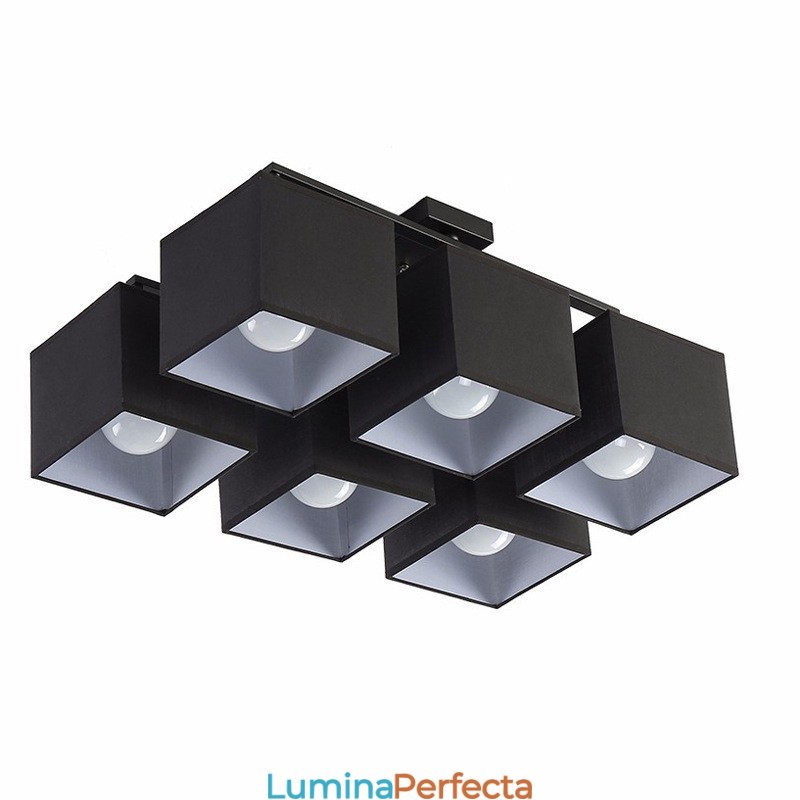 Plafoniere cu 6 lumini, moderne, contemporane, negre, montate pe plafon, cu abajur din material textil