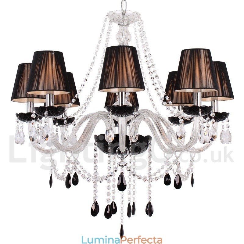 Candelabru contemporan cu 8 lumini, negru periat K9, în stil lumânare de cristal