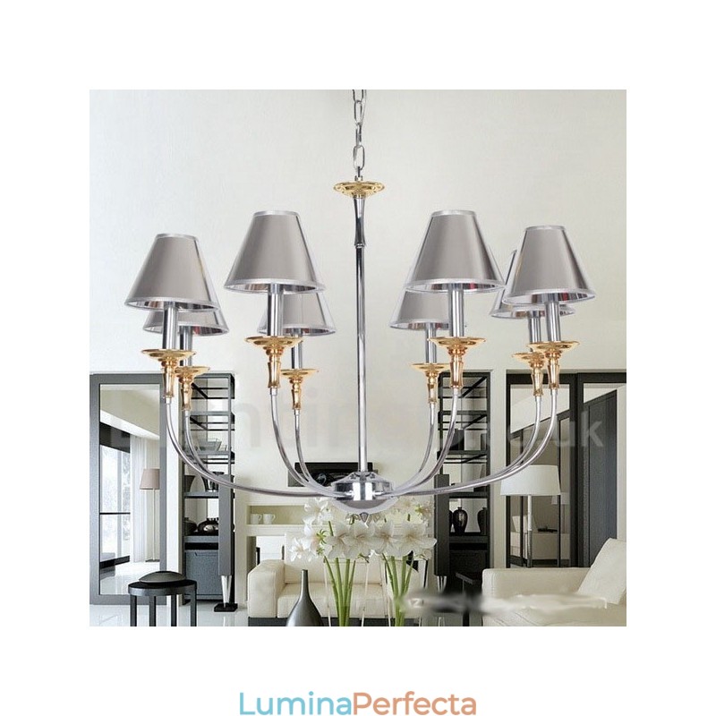 Candelabru cromat modern, în stil lumânare, cu 8 lumini