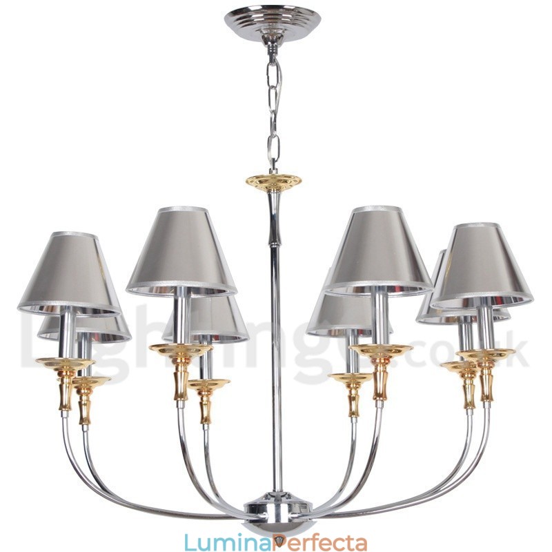 Candelabru cromat modern, în stil lumânare, cu 8 lumini