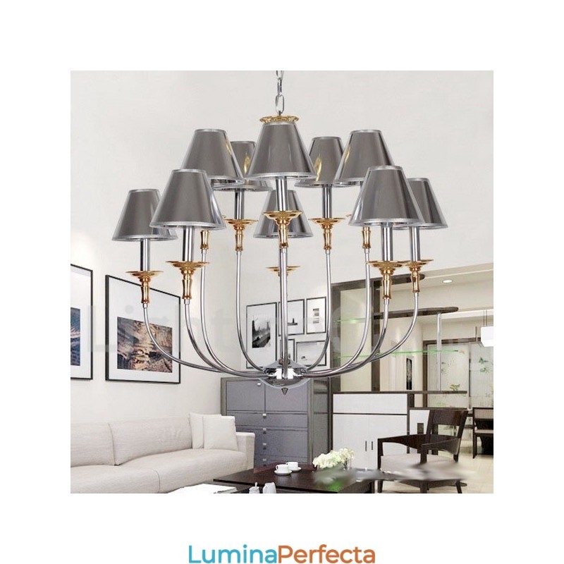 Candelabru cromat, modern, contemporan, în stil lumânare, cu 10 lumini