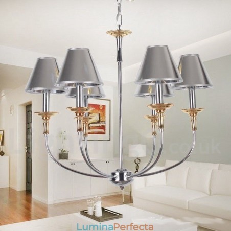 Candelabru cromat, modern, cu 6 lumini, în stil lumânare Candelabru cromat, modern, cu 6 lumini, în stil lumânare