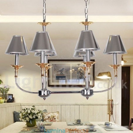 Candelabru cromat, modern, cu 6 lumini, în stil lumânare Candelabru cromat, modern, cu 6 lumini, în stil lumânare