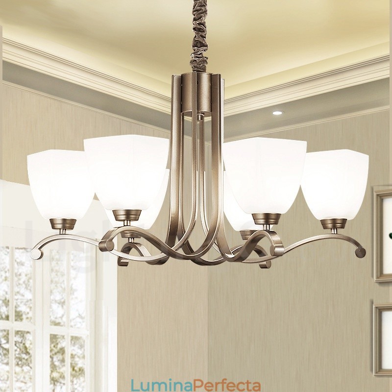 Candelabru contemporan modern cu 6 lumini cu abajur din sticlă