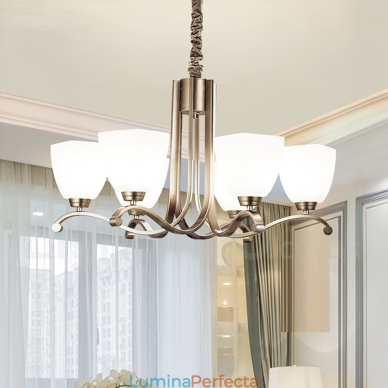 Candelabru contemporan modern cu 6 lumini cu abajur din sticlă