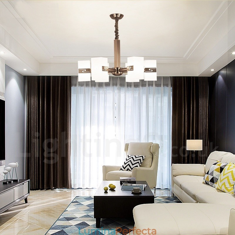 Candelabru contemporan modern cu 6 lumini cu abajur din sticlă