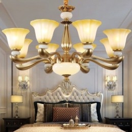Candelabru de lux retro tradițional din aliaj de zinc cu 8 lumini cu abajur din sticlă