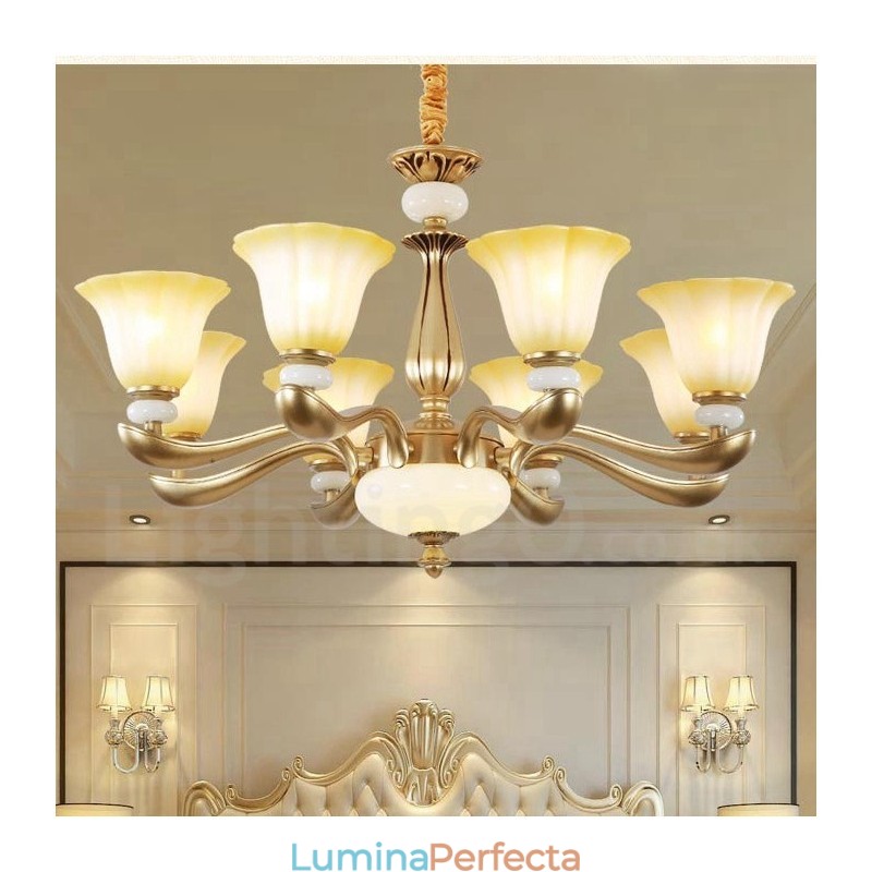 Candelabru de lux retro tradițional din aliaj de zinc cu 8 lumini cu abajur din sticlă