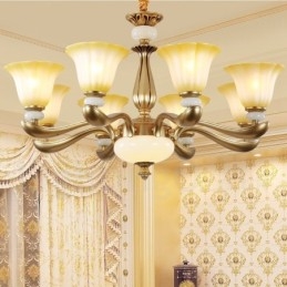 Candelabru de lux retro tradițional din aliaj de zinc cu 8 lumini cu abajur din sticlă