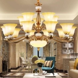 Candelabru de lux retro tradițional din aliaj de zinc cu 15 lumini cu abajur din sticlă