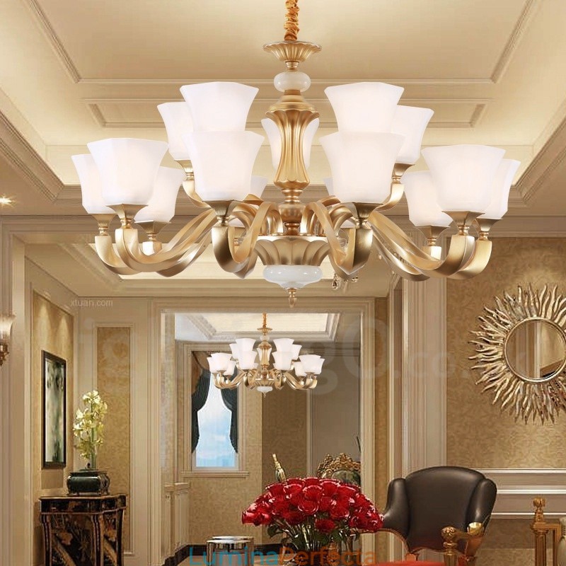 Candelabru rustic tradițional retro cu 15 lumini cu abajur din sticlă