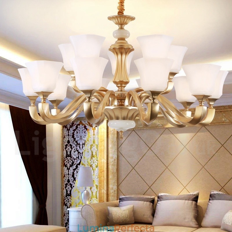 Candelabru rustic tradițional retro cu 15 lumini cu abajur din sticlă
