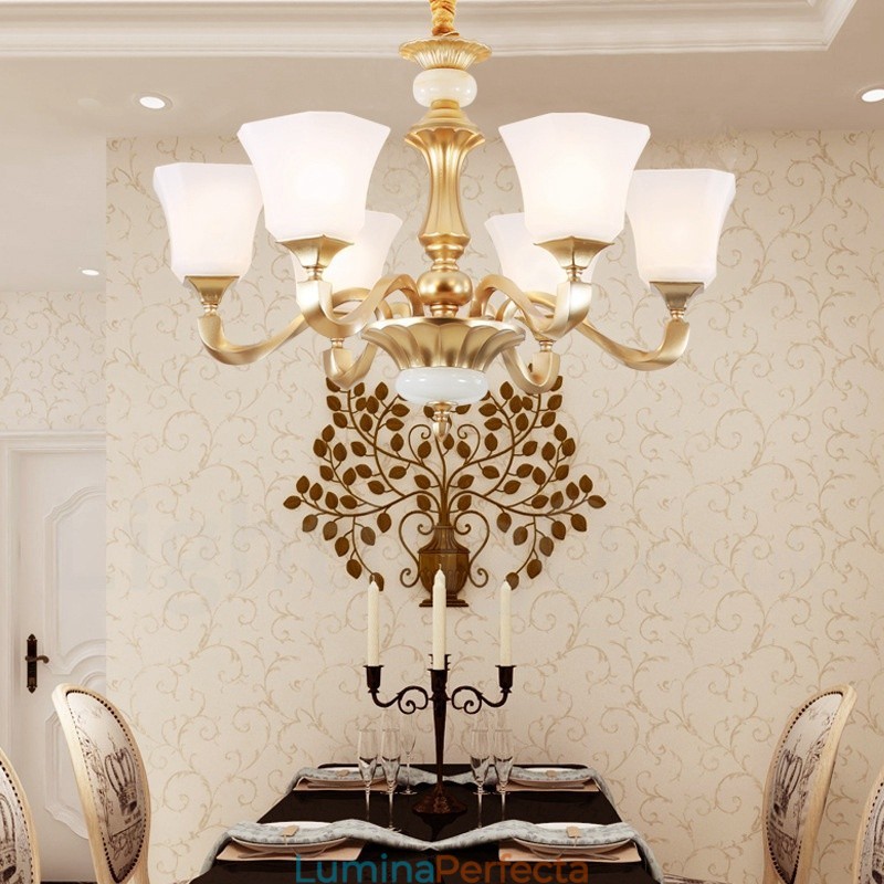 Candelabru rustic tradițional retro cu 6 lumini cu abajur din sticlă