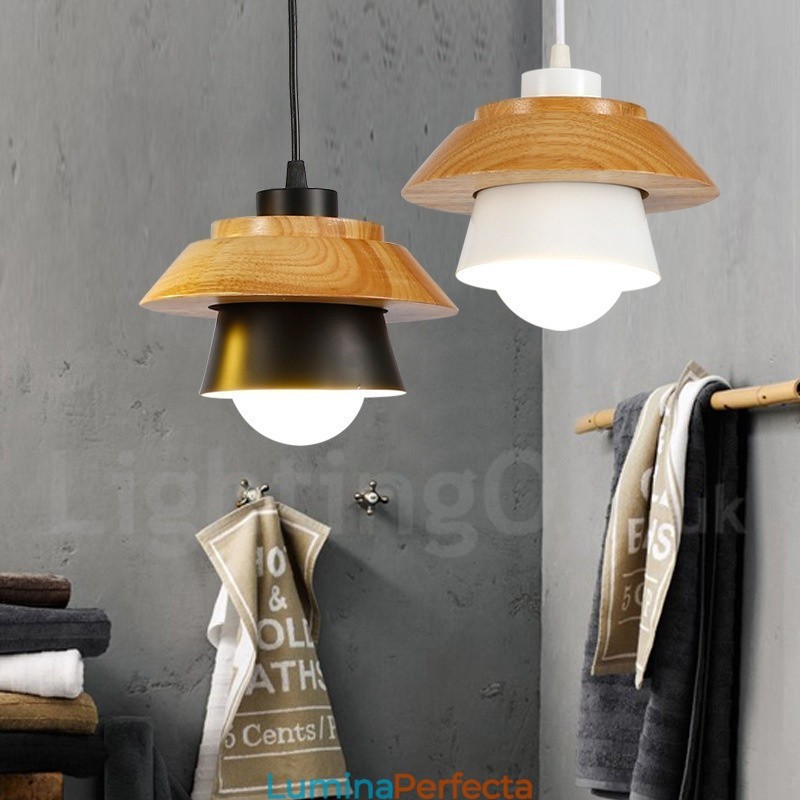 Lampă suspendată modernă, contemporană, din lemn, cu 1 lumină, cu abajur din aliaj de aluminiu