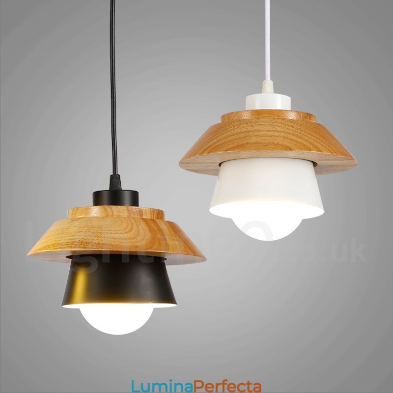Lampă suspendată modernă, contemporană, din lemn, cu 1 lumină, cu abajur din aliaj de aluminiu