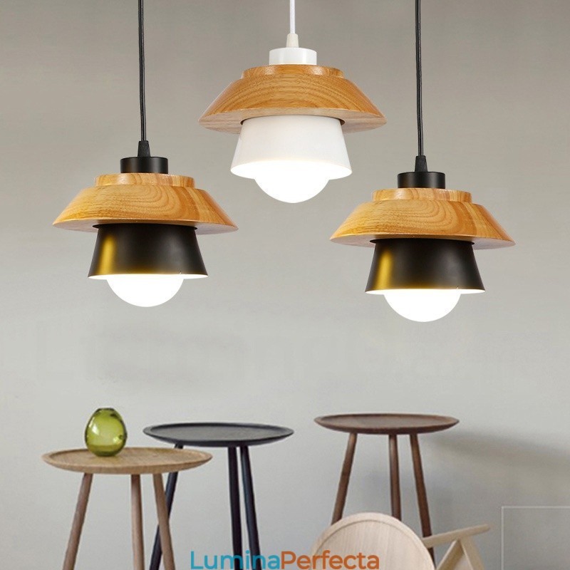 Lampă suspendată modernă, contemporană, din lemn, cu 1 lumină, cu abajur din aliaj de aluminiu