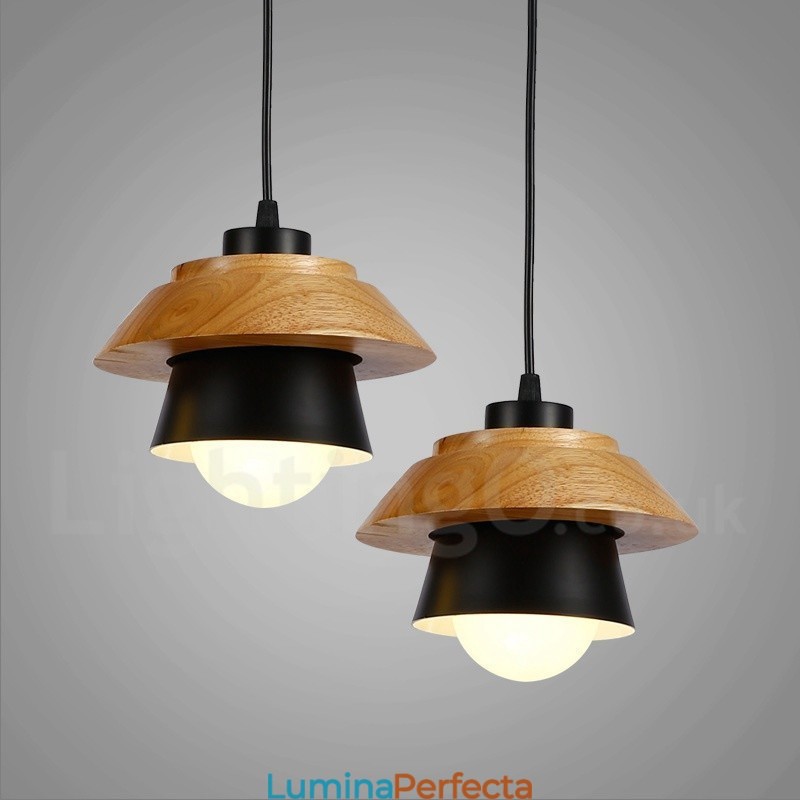 Lampă suspendată modernă, contemporană, din lemn, cu 1 lumină, cu abajur din aliaj de aluminiu