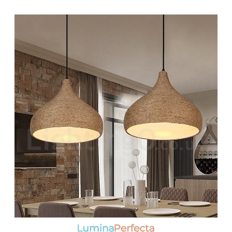 Lampă suspendată cu frânghie de cânepă, retro rustic, cu 1 lumină, cu abajur din funie de cânepă