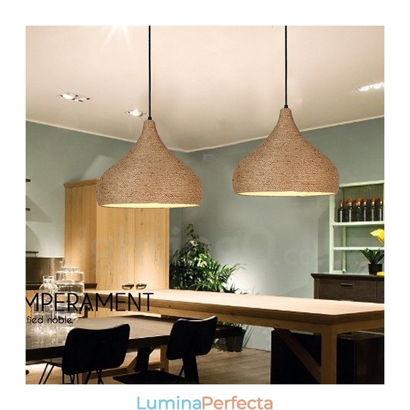 Lampă suspendată cu frânghie de cânepă, retro rustic, cu 1 lumină, cu abajur din funie de cânepă