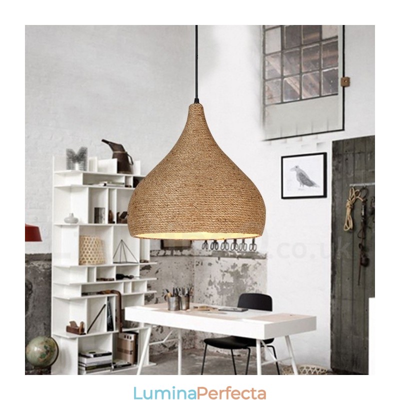 Lampă suspendată cu frânghie de cânepă, retro rustic, cu 1 lumină, cu abajur din funie de cânepă