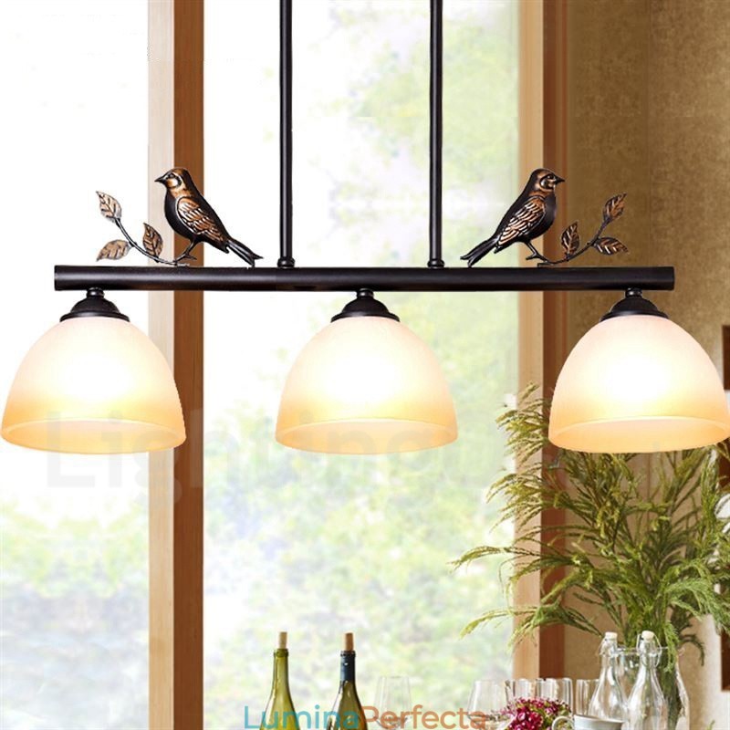 Lampă de suspendare retro rustic din oțel cu 3 lumini cu abajur din sticlă