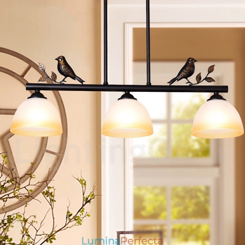Lampă de suspendare retro rustic din oțel cu 3 lumini cu abajur din sticlă