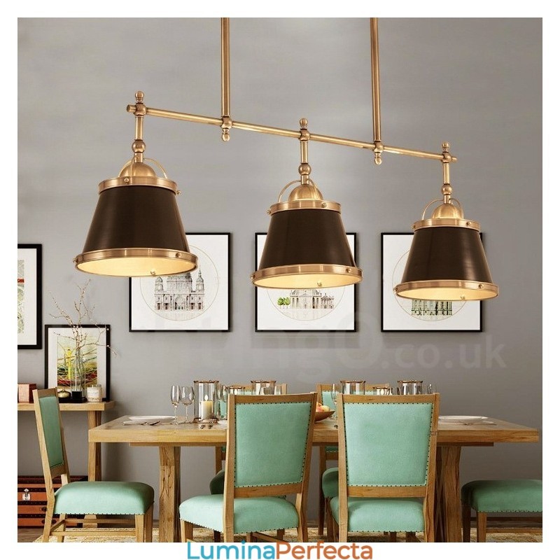 Lampă suspendată cu 3 lumini, retro, rustic, din alamă, cu abajur din alamă