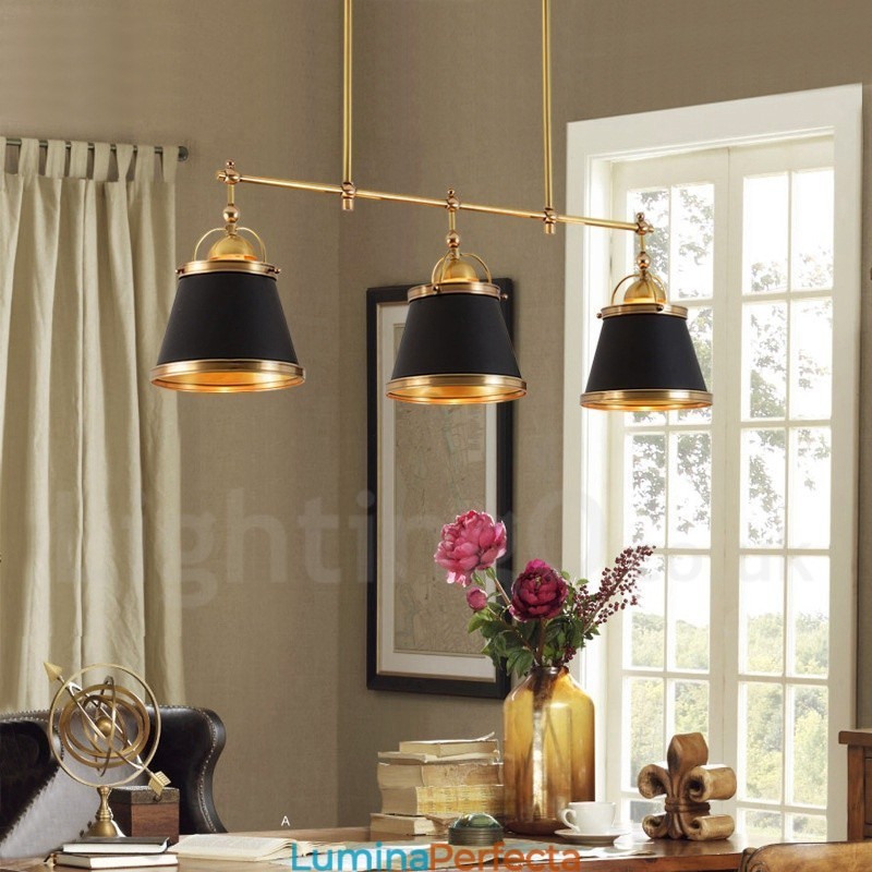 Lampă suspendată cu 3 lumini, retro, rustic, din alamă, cu abajur din alamă