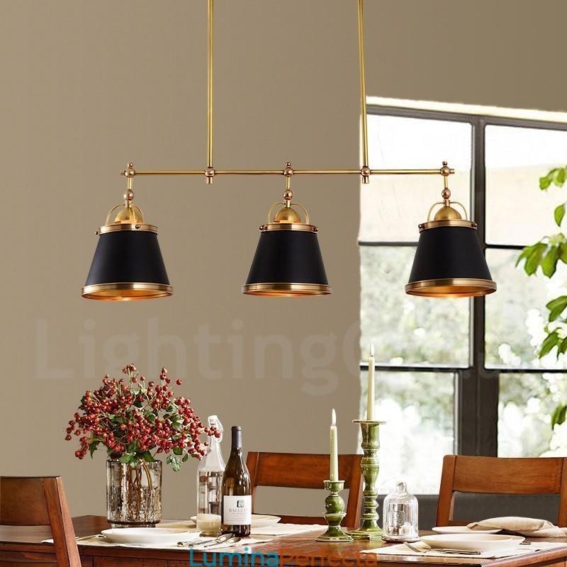 Lampă suspendată cu 3 lumini, retro, rustic, din alamă, cu abajur din alamă