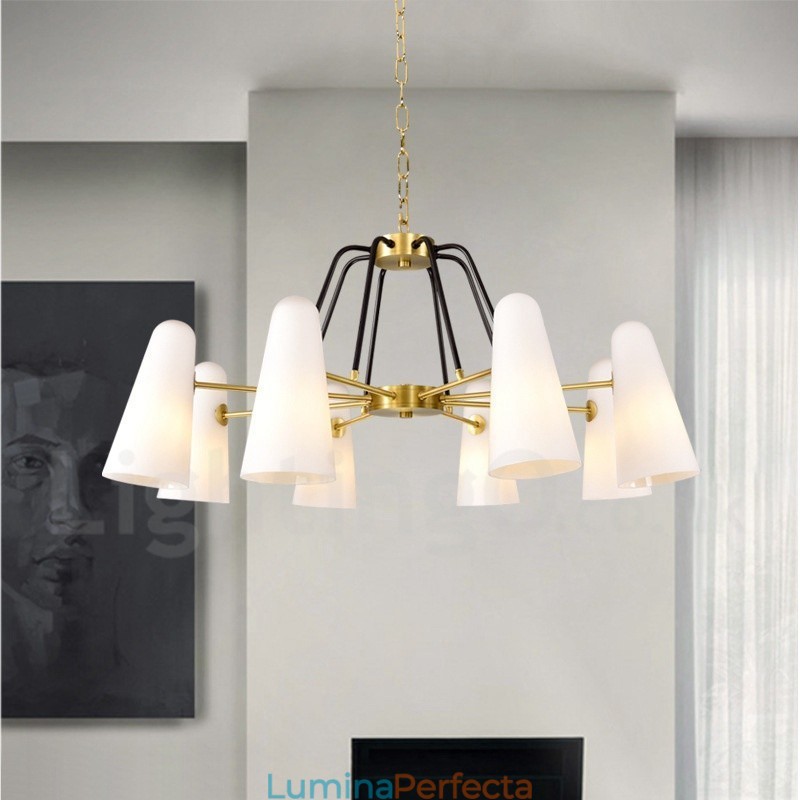 Candelabru cu pandantiv din alamă, retro, rustic, de lux, cu 8 lumini, cu abajur din sticlă