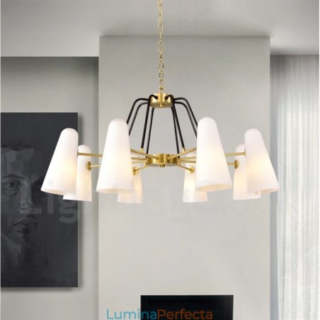 Candelabru cu pandantiv din alamă, retro, rustic, de lux, cu 8 lumini, cu abajur din sticlă Candelabru cu pandantiv din alamă, retro, rustic, de lux, cu 8 lumini, cu abajur din sticlă