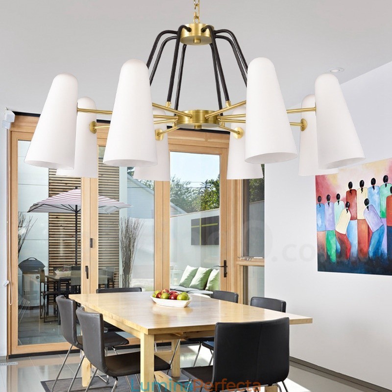 Candelabru cu pandantiv din alamă, retro, rustic, de lux, cu 8 lumini, cu abajur din sticlă