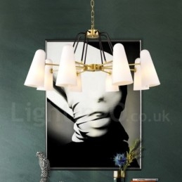 Candelabru cu pandantiv din alamă, retro, rustic, de lux, cu 8 lumini, cu abajur din sticlă