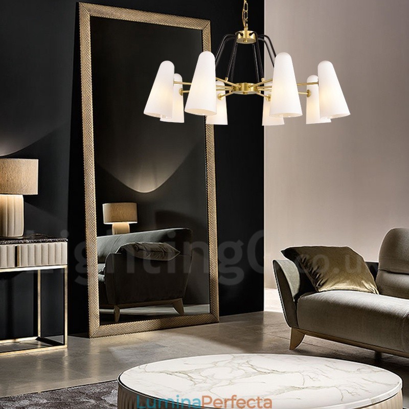Candelabru cu pandantiv din alamă, retro, rustic, de lux, cu 8 lumini, cu abajur din sticlă